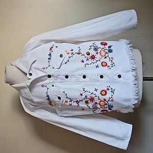 Carole Little white denim jacket  embroidered flowers size 14